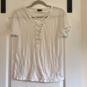 White lace up deep-v tee